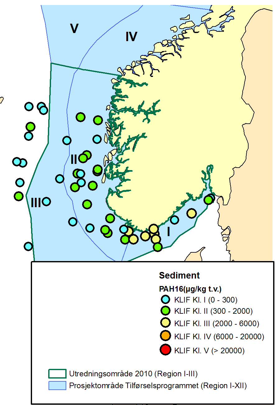 Hydrokarboner - forurensningstilstand Marine sedimenter fungerer ofte som et naturlig lager for hydrokarboner. PAH i sedimentene brytes sakte ned og kan forbli i sedimentene over svært lang tid.