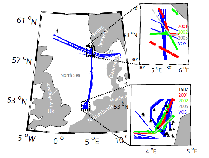 3.2 Beskrivelse av datagrunnlag Analyse av historiske data fra Nordsjøen Analysen er basert på underveismålinger av CO 2 -deltrykk (pco 2 ) og havets overflatetemperatur innsamlet av Bjerknes Centre