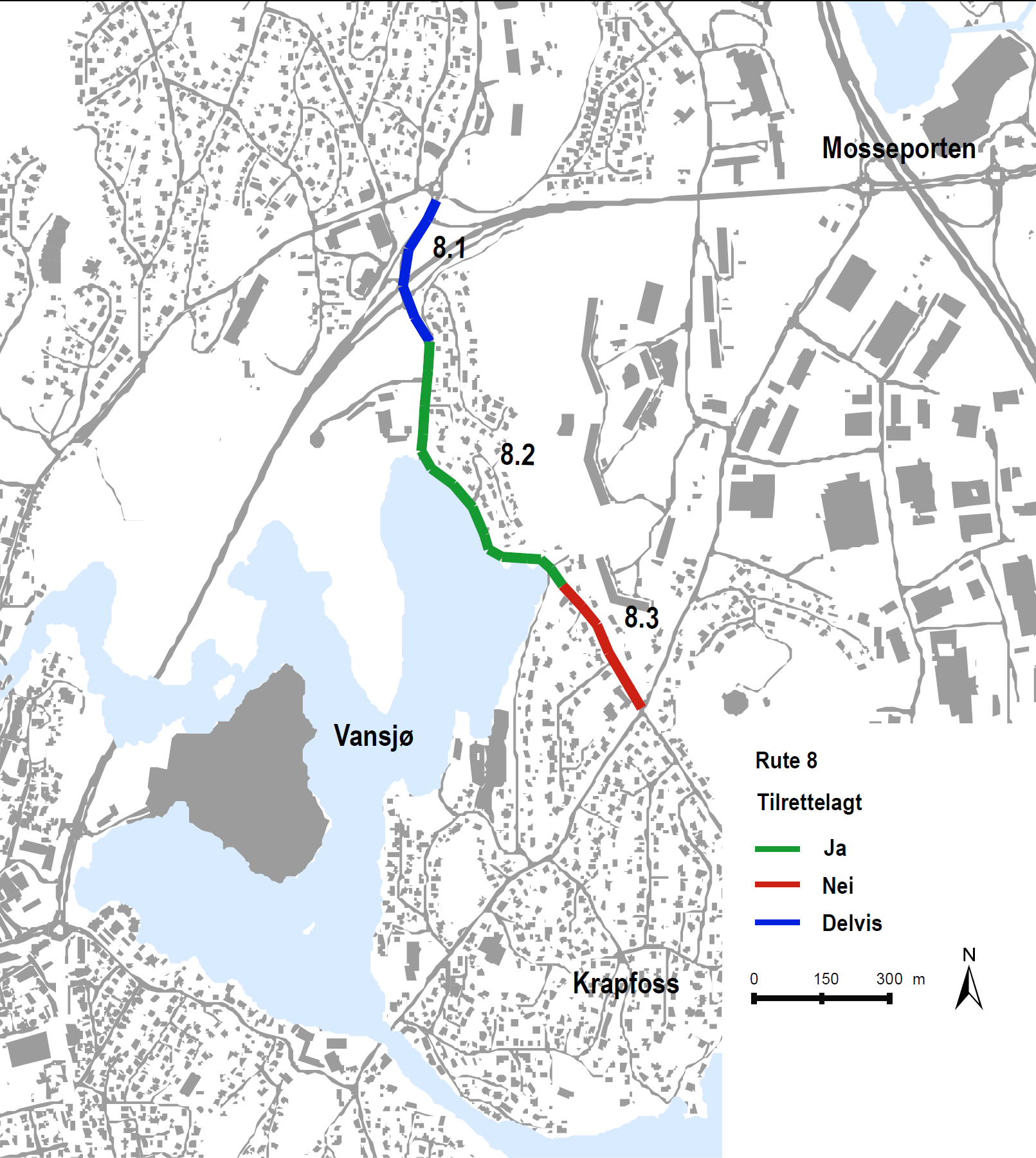 Rute nr 8 Krapfossveien Strekning Krapfossveien fra Osloveien til Vålerveien Lengde Ca 1 km Funksjon Ruten binder sammen rute 6 og 7 (knytter også hovednettet med rekreasjonsruter langs Vansjø,