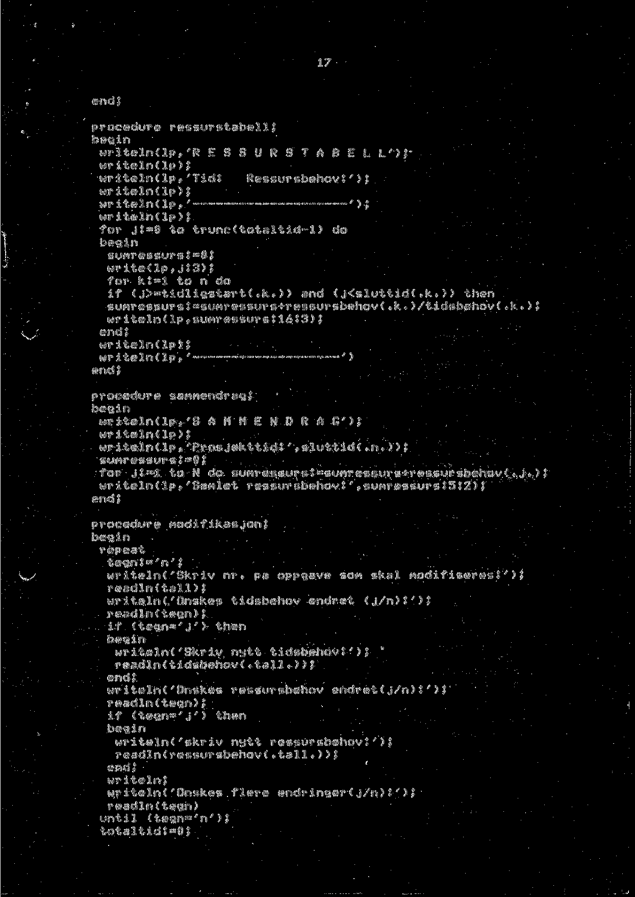 end * pe d ur e re ss ur s t a b e 11 J wr iteln( p,'r E U R T A B E L. L')J- 'Tid? Ressursbehov* ') J w r i t e 1 n ( w r i t e 1 n ii.p. writeln( I. p )? writeln( wr iteln l.p )? f o r J?