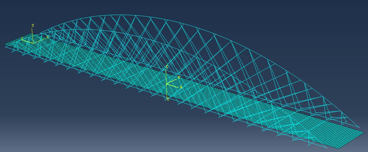 Figur 2-3.: Eksempel på ferdig meshet modell I denne oppgaven er det brukt to forskjellige elementtyper. Dekket er laget med skallelementer, mens resten av modellen er laget med bjelkeelementer.