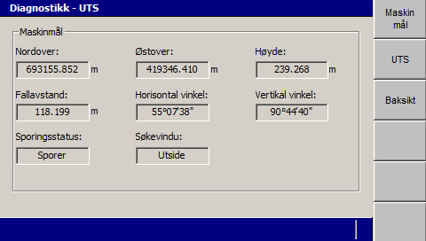 6 Feilsøking i felt Slik ser du detaljerte UTS-diagnoser: 1. Fra dialogboksen Diagnostikk trykker du på UTS. Det første skjermbildet i Diagnostikk UTS er Maskinmål.