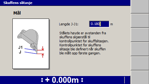 Forberedelser før arbeidet 2 2.3.9 Sjekke skuffens slitasje Du må regelmessig, eller i henhold til arbeidslederens instrukser, sjekke endringene i skjærkantmålene som er forårsaket av skuffeslitasje.