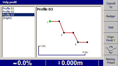 Bruk av 2D-styring i felt 3 drensgrøft. Velg en profil fra minnet 1. Trykk på Profil fra valgfritt skjermbilde for guiding.