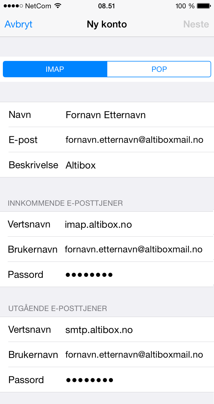 ALTIBOX FIBERBREDBÅND 5 E-post på iphone 5. Skriv inn ditt fulle navn Skriv inn ditt passord Skriv en valgfri beskrivelse av kontoen, for eksempel «Altibox». Velg Neste 6. Se til at IMAP er valgt.