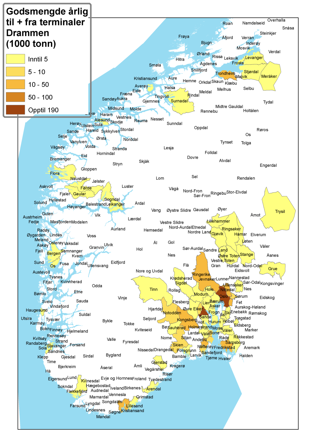 Figur 5.8. Kommunevis fordeling av godsvolum som omlastes i samlastterminaler i Drammen.