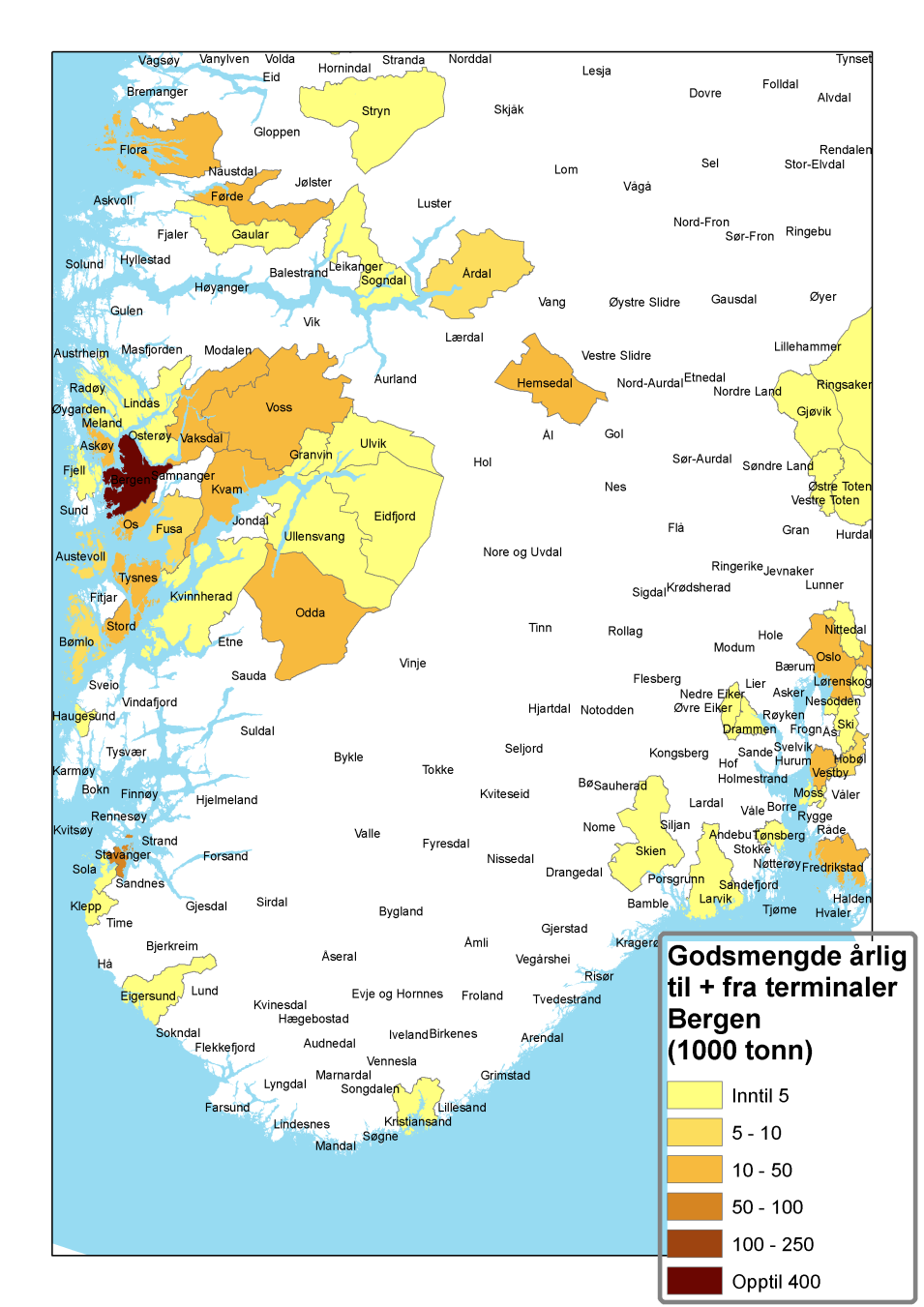 Figur 5.11. Kommunevis fordeling av godsvolum som omlastes i samlastterminaler i Bergen.