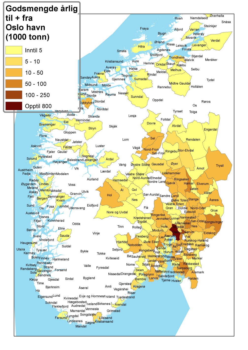 Figur 3.4a. Kommunevis fordeling av godsvolum som distribueres til og fra Oslo havn. Årlig gjennomsnitt for 2008 2012. Datagrunnlag: Lastebilundersøkelsen (SSB). Figur 3.