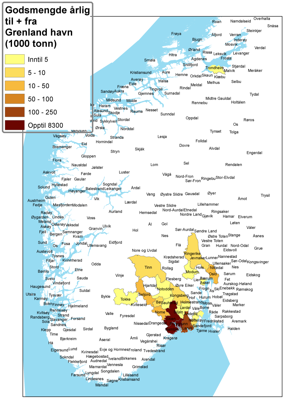 Figur 3.7b. Kommunevis fordeling av godsvolum som distribueres til og fra Grenland havn.