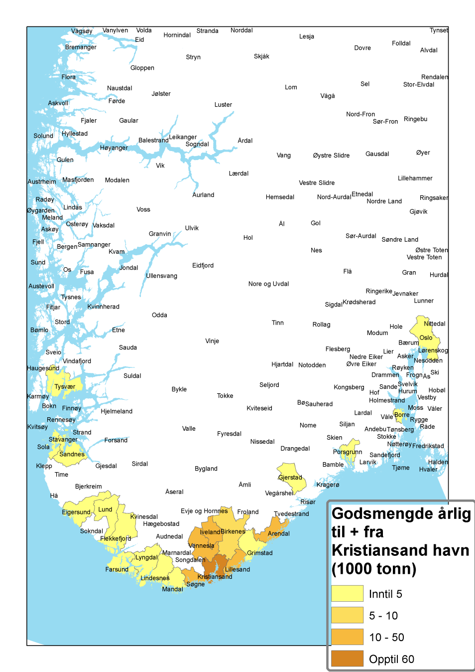 Figur 3.8a. Kommunevis fordeling av godsvolum som distribueres til og fra Kristiansand havn. Årlig gjennomsnitt for 2008 2012. Datagrunnlag: Lastebilundersøkelsen (SSB).