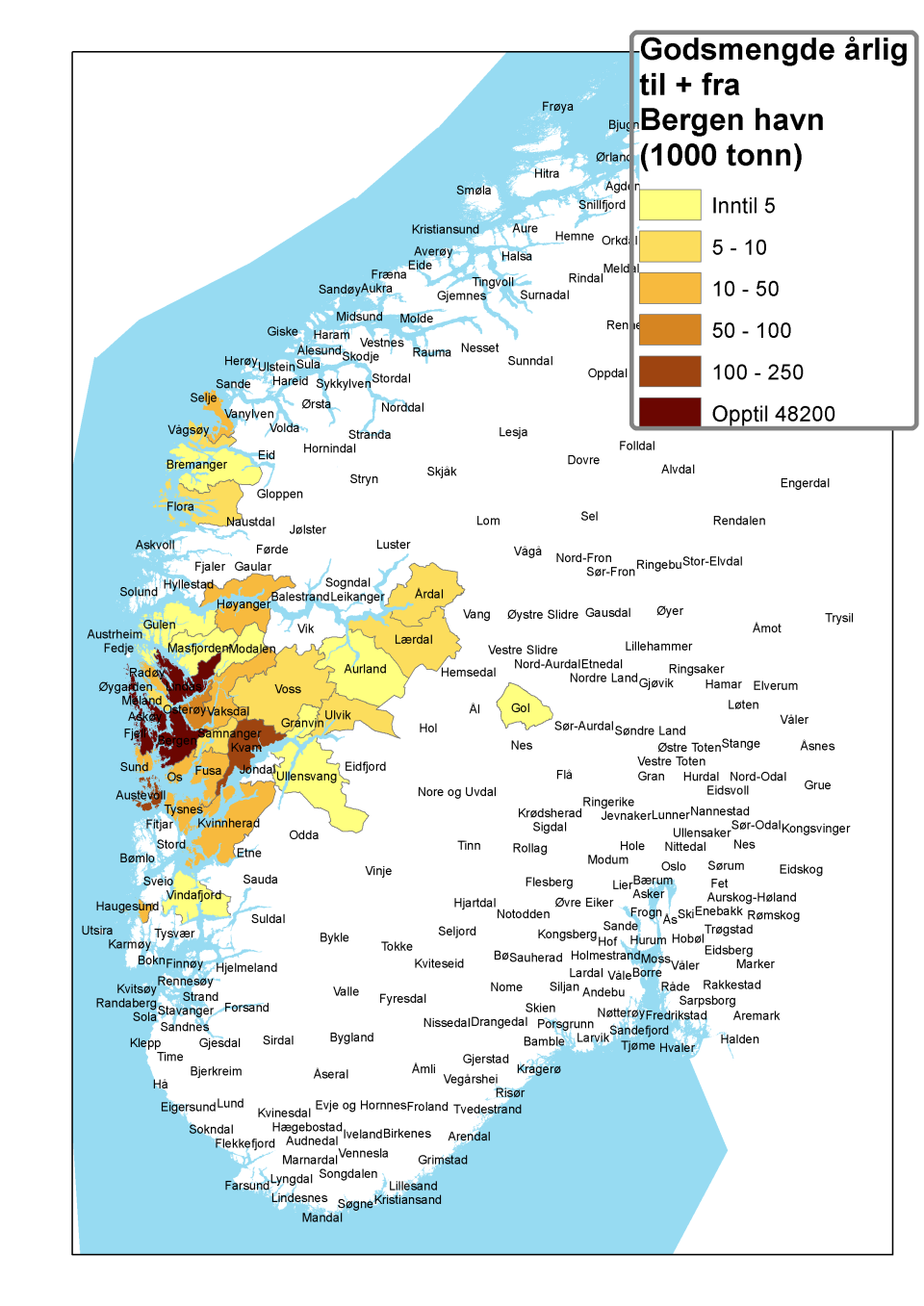 Figur 3.11b. Kommunevis fordeling av godsvolum som distribueres til og fra Bergen havn.