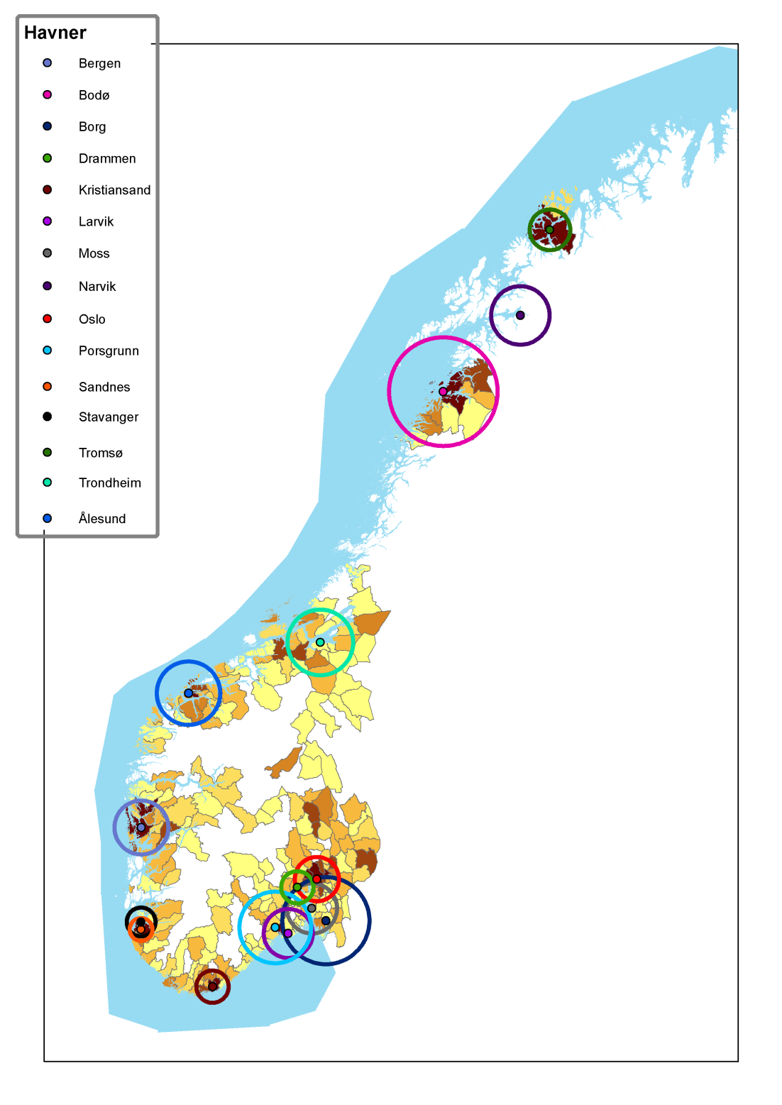 Figur 3.21. Havnenes omland. Radius gitt av gjennomsnittlig distribusjonsdistanse til og fra havnene i sum for alt gods. Basert på informasjon fra nasjonal godsmodell.