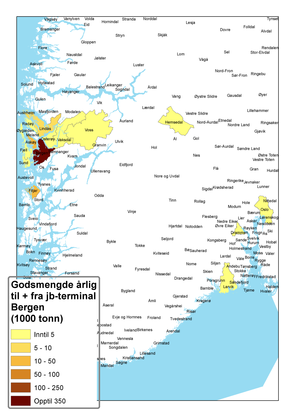 Figur 4.5a. Kommunevis fordeling av godsvolum som distribueres til og fra Bergen jernbaneterminal. Årlig gjennomsnitt for 2008 2012. Datagrunnlag: Lastebilundersøkelsen (SSB).