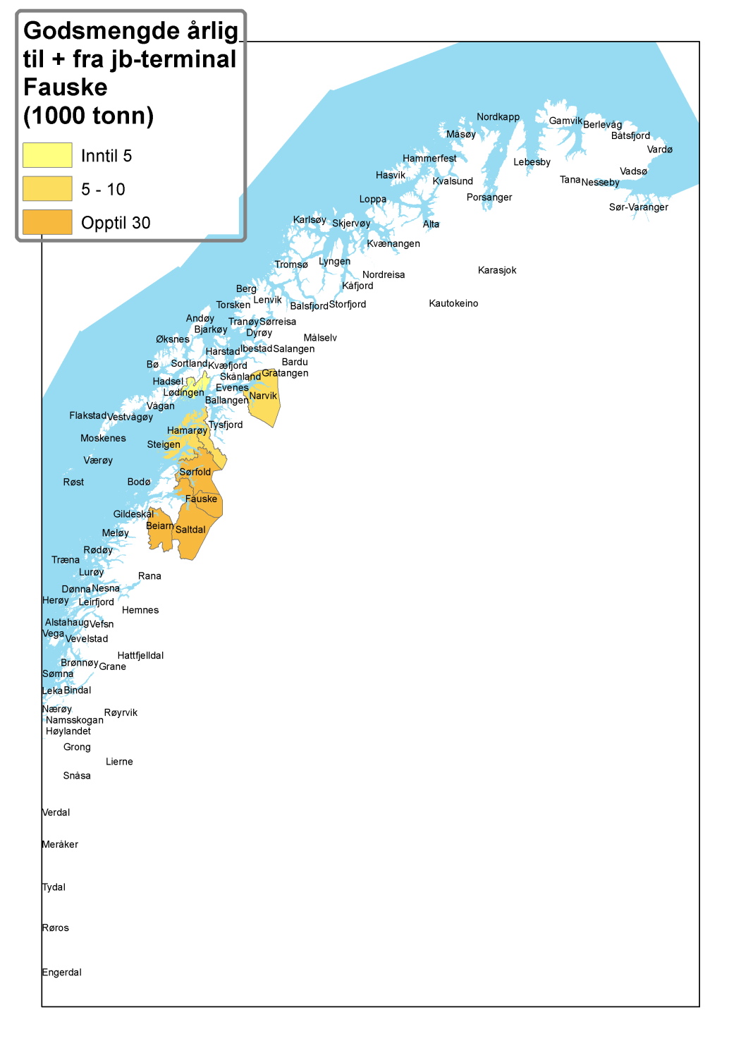 Figur 4.10b. Kommunevis fordeling av godsvolum som distribueres til og fra Narvik jernbaneterminal.