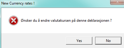 Svarer man «No» på denne vil selve fakturaabeløpet ikke endres kun valutaen. Man vil da endre fra f.eks 100 EUR til 100 DKK. Svarer man «Yes» på denne, blir fakturabeløpet omregnet til ny valuta f.