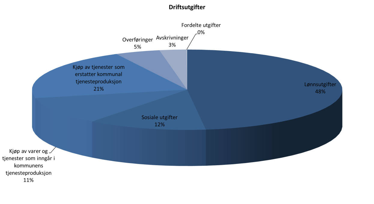 5.4. Driftsutgifter Figur 5-4 Fordeling av driftsutgifter i prosent Totale driftsutgifter er på 1 224,3 mill som er en økning på 108,4 mill, eller 9,7 % fra 2011.