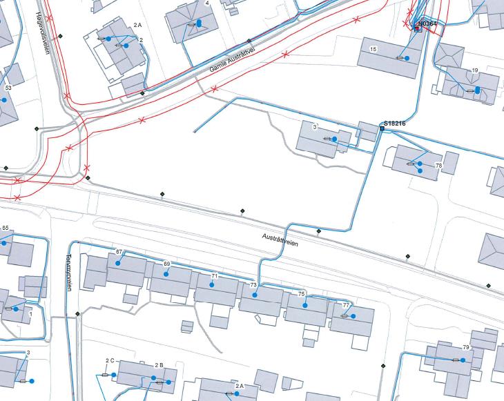 11 Spesielle miljøforhold I miljøplanen for Sandnes er Austråttveien markert med rød støysone. 4.12 Teknisk infrastruktur Illustrasjonen til høyre viser eksisterende kabler som Lyse eier i området.