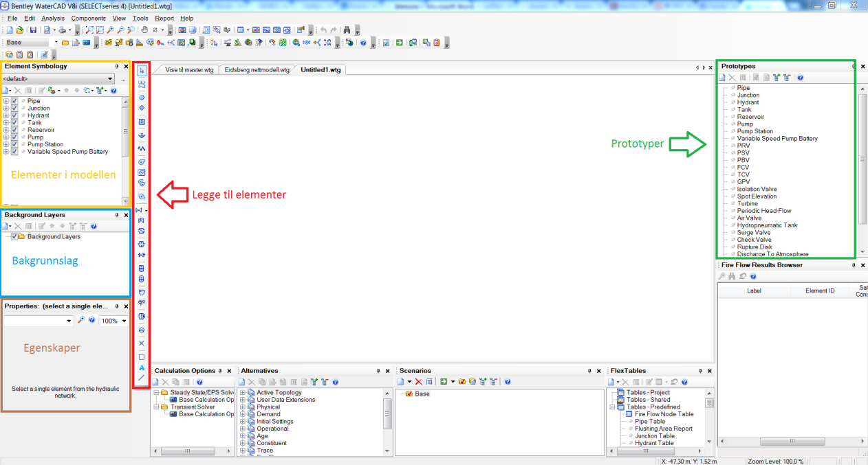 opp i modellen. Her velger man blant annet om det er ledning, node, hydrant, basseng, reservoar, pumpe eller ventiler som skal legges inn.