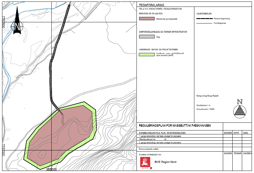 3. Planforslaget 3.1 Planens intensjon Hensikten med denne planen er å få på plass en reguleringsplan samt drifts- og avslutningsplan for NVEs steinbrudd ved Pæskanasen.