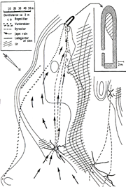 Høyre: Kartet viser fangstgropenes plassering i Stor-Svartdalen, Snøhettaområdet. (Illustasjon: NINA). Gropfangstanlegg i Lordalen (Reinheimen).