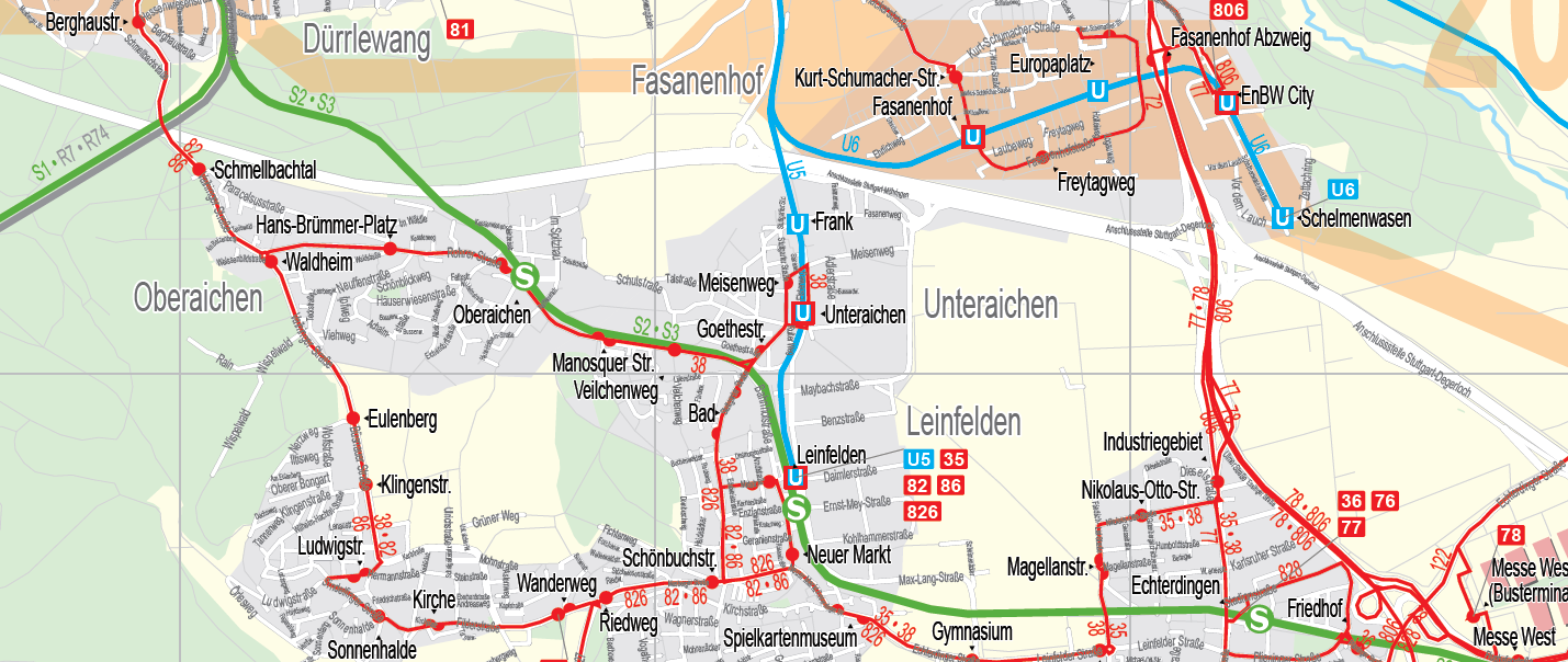 Stuttgart: city PT-map (excerpt) (Source: VVS) Another example from the Southern part of the network is the Leinfelden