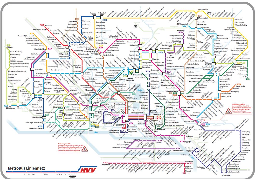 Hamburg Hamburg abandoned the tram system decades ago and has a comprehensive metrobus system below S-Bahn and metro services.