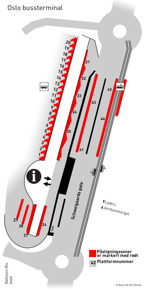 1: Lokalisering av nåværende bussterminal i Oslo sentrum Oslo Bussterminal har ca. 3 bussoppstillingsplasser inne på terminalområdet (se Figur 2.2). I tillegg er det ca.