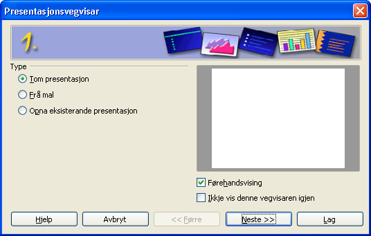 5 OpenOffice.org Impress 5.1 INTRODUKSJON OpenOffice.org Impress er eit program som kan nyttast til å lage presentasjonar, på same måte som Microsoft Powerpoint vert nytta.