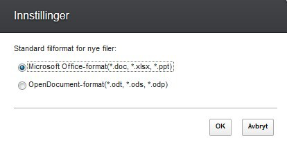 1. Klikk på Verktøy > Innstillinger. 2. Klikk på filformatet du vil bruke for nye filer. 3. Klikk på OK.