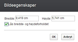 2. Angi verdiene i feltene Bredde og Høyde. 3. Hvis du velger avmerkingsboksen Lås bredde- og høydeforholdet, endres innstillingene for Bredde og Høyde proporsjonalt. 4. Klikk på OK.