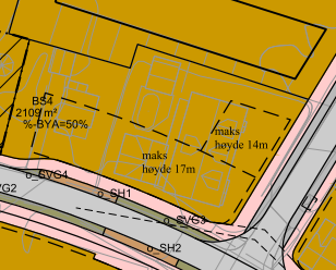 Det er regulert inn byggegrense i en kvartalsstruktur med makshøyder på 17 og 14 meter.