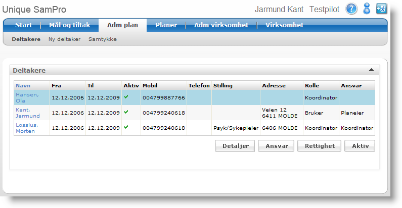 36 6.1 Unique SamPro 2.0 Deltakere Valget Deltakere viser alle som er definert som deltakere i planarbeidet.