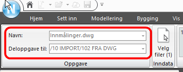 Trykk på Ok knappen. Kontroller at import-oppgaven har fått ønsket navn, for eks Innmålinger.dwg: Fullfør importen ved å trykke på knappen.