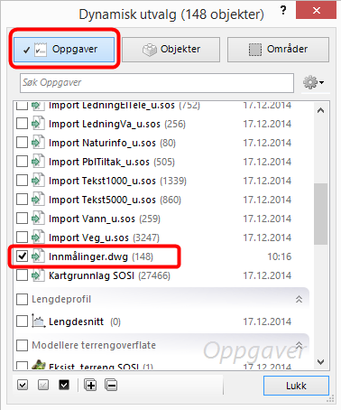 Gi oppgaven et navn, for eks TIN innmålinger.dwg Pek på knappen for Velg Høydegrunnlag. I Dynamisk utvalg dialogen som kommer opp, p ek på knappen Oppgaver og velg Import innmålinger.