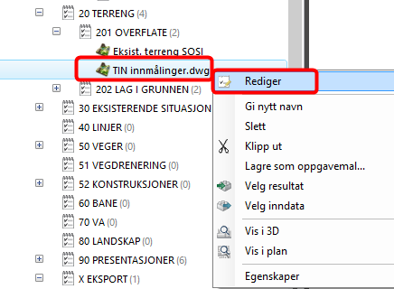 Trykk høyre musetast og velg Vis i 3D slik som vist: Innmålingene og trianglene ser nå slik