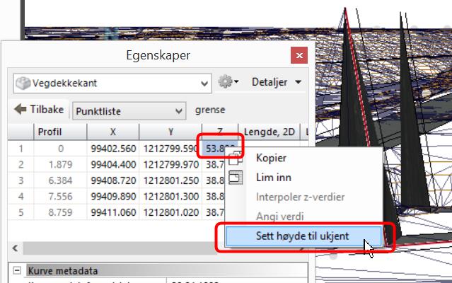 Du kan eventuelt markere alle z-verdiene i lista ved å peke på det grå feltet for kolonnen Z, trykke høyre museknapp og velge Sett høyde til ukjent. Pek på Eksist.