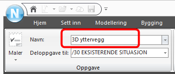 8. Stå på riktig sted i utforskeren slik som vist: Pek på mappen Modellering og Strekk vertikalt slik som vist nedenfor: 9. Fyll ut Navn, for eksempel 3D yttervegg slik som vist: 10.