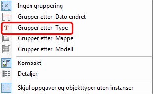 Tips: For å endre utsende på dialog som vist over Pek på tannhjulet og velg Grupper etter Type.