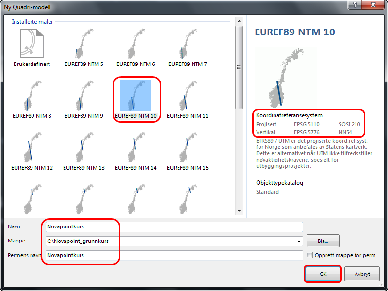 3. Pek på EUREF89 NTM 10 og du får nå opp en forklaring i høyre del av dialogen slik som vist nedenfor: Legg merke til beskrivelse av koordinatreferansesystemet på høyre side av dialogen.
