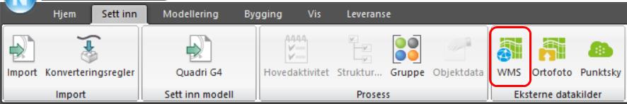 Klikk på WMS under fanen Sett inn Eksterne datakilder 3. Velg malen Geonorge: Url-adressen fylles ut med link til Geonorge.