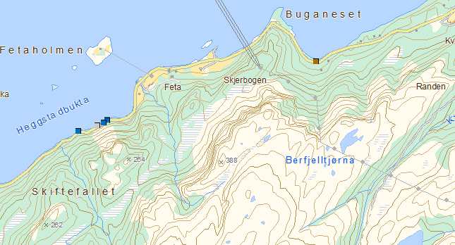 Tegning 108 Registrerte skredhendelser: Rød: Jordskred Grønn: Isnedfall Grå: Steinskred Ingen registrerte fjellskred i området ovenfor / rundt campingplassen.