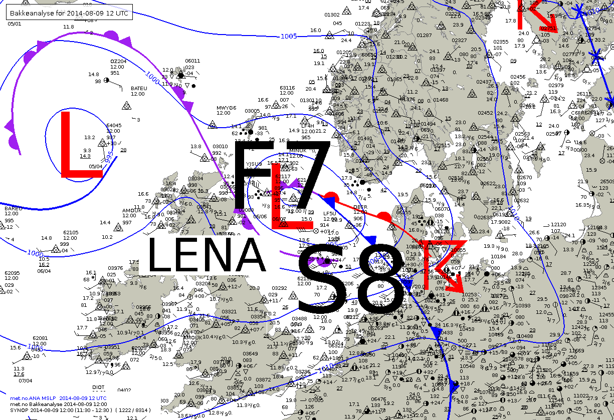 Figur 1: Værsituasjonen lørdag 9.8.2014 kl 00 UTC. Trykket i senteret var 999 hpa.