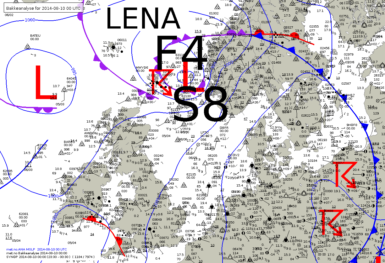 Figur 3: Værsituasjonen lørdag 9.8.2014 kl 18 UTC. Trykket i senteret var 984 hpa.