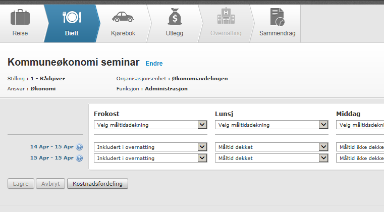 Her registerer man de ulike måltidene som er dekket, og systemet regner ut diett. Det legges til grunn at medarbeidere i Eidsberg kommune spiser frokost hjemme ved alle reiser som starter etter 06.30.