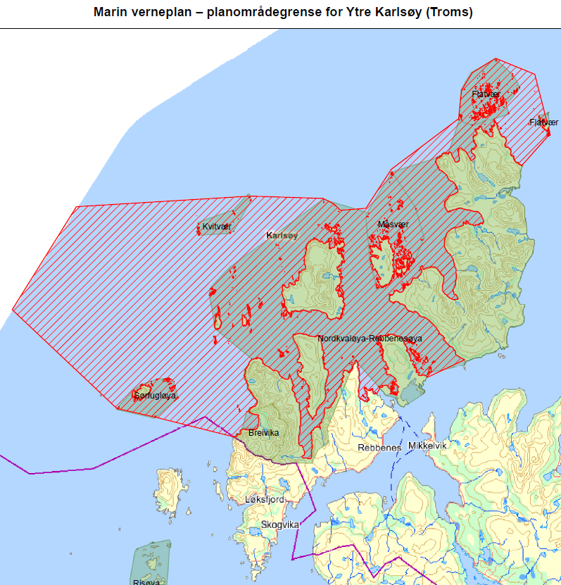 Høringsdokument-skisse. Marint vern i Ytre Karlsøy. Fylkesmannen i Troms pr 05.11.2015. 10 Kart over området Piler: se kapittel 2. Eksisterende verneområder er vist i kartet.