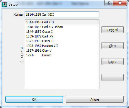 13. Velg Opsett, Konge: Oppret (Legg til eller rett eksisterende årstall/kongerekker) du ønsker å bruke i din versjon av CoinDB Max = 15 i CoinDB Std (Husk Lagre).