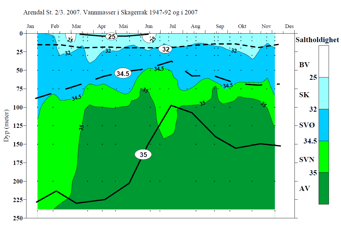 Variasjoner i saltholdighet 1-5 nautiske mil utenfor Torungen for året 2007 og gjennomsnitt (normal for 1947-92, tykke, svarte linjer). Brakkvann (BV) har saltholdighet lavere enn 25.