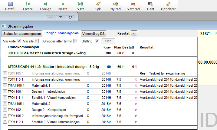 Utdanningsplan Bildet er bygget opp på den måten at alle emner som er lagt inn i planen til studenten, befinner seg på venstre side.