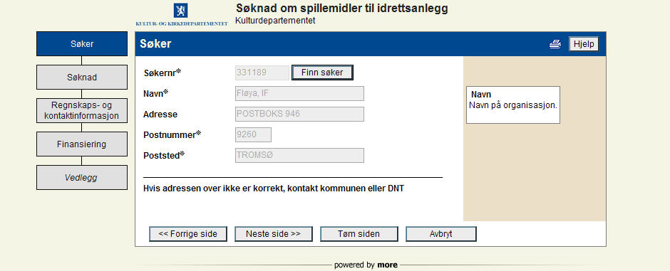 Du kommer inn i tilsvarende skjema som for ny søknad, men nesten alle feltene er forhåndsutfylt med informasjon fra søknaden du hentet referansenummeret fra.