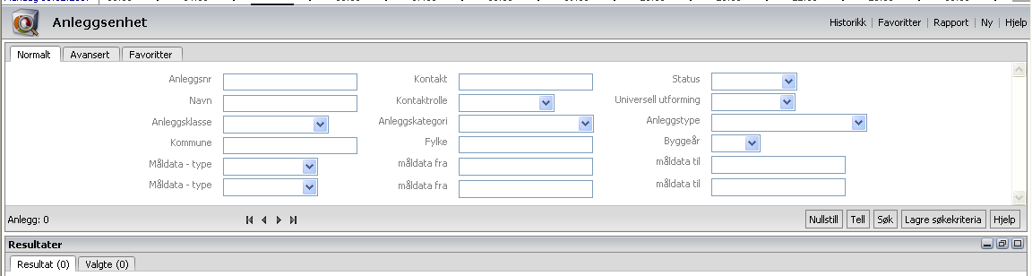 Bilde 2: Kontakt Bilde 3 Anleggssted Bilde 4: Anleggsenhet Fyll ut informasjon om det elementet du ønsker å søke frem, og trykk Enter på tastaturet eller trykk på knappen Søk.